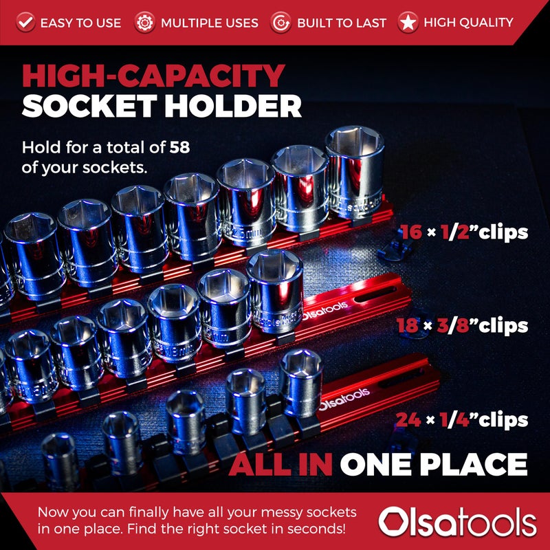 Olsa Tools 3-Pc Set Aluminum Socket Organizer | Locking End Caps | 1/4-Inch, 3/8-Inch, 1/2-Inch Drive Socket Holders with 24, 18, 16 Clips Each (Red) - Image 2